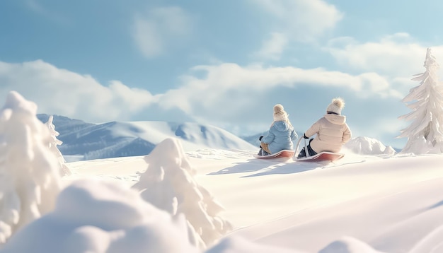 Children sledding together in winter