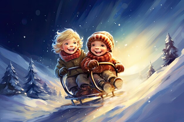 Children on sleds going downhill under shining stars illustration