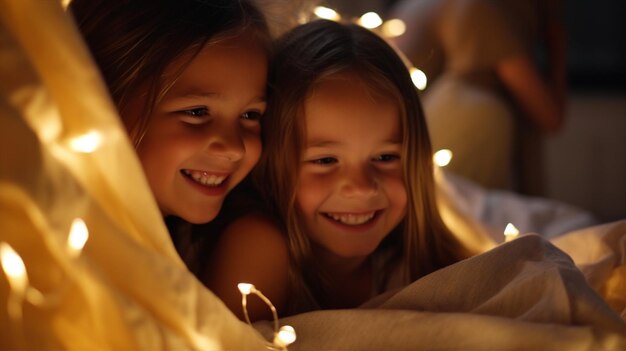 Children at a sleepover giggles and whispers in a room lit by fairy lights