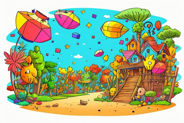 Children story picture book illustration landscape cartoon painting colorful simple abstract art