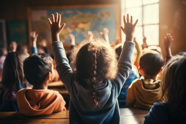 Children students raising their hands in a classroom with a blackboard