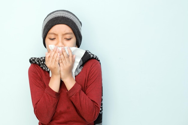 Children suffer from flu fever headache and cough stock photo isolated on white background