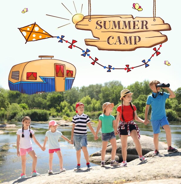 Photo children at summer camp illustrations on background
