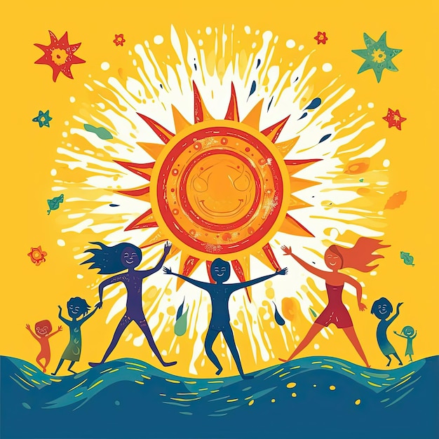 children on the sun vector banner in the style of playful symbolism