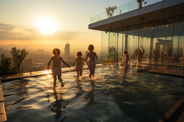 초고층 건물 지붕 에 있는 수영장 에서 해 가 지는 동안 아이 들 이 수영 하고 있다