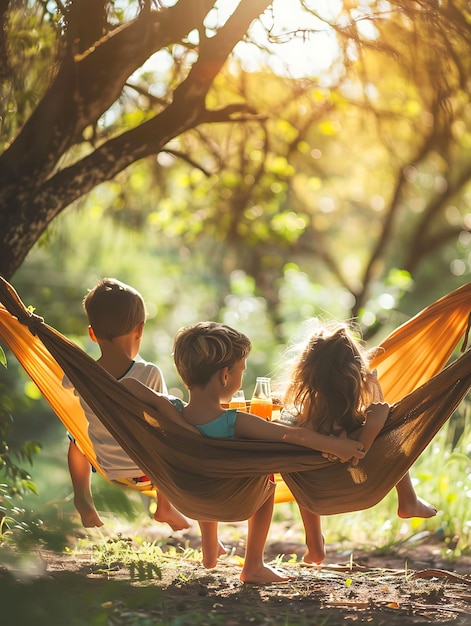 Children Swinging on Hammocks in a Tranquil Paraguayan Park Neighbor Holiday Activities Background