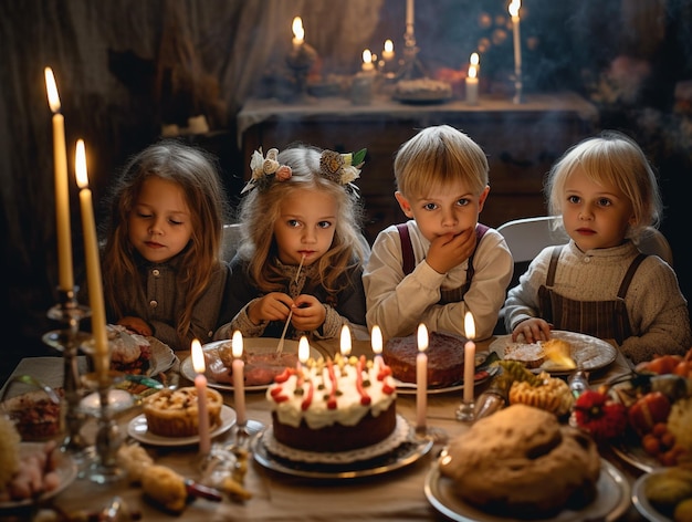 Children at a table with a cake and candles