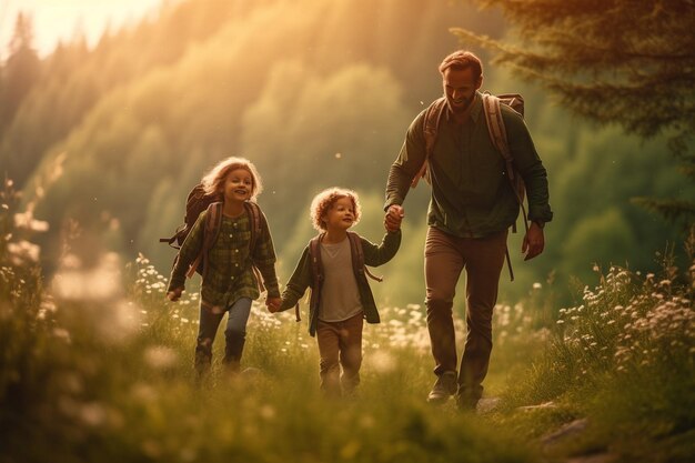 아이들과 아빠가 하이킹을 하고 기쁨으로 자연을 탐험하는 아버지의 날