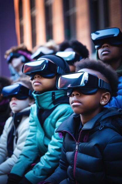 children toddlers wearing virtual reality goggles engagingly immersed in virtual reality white background