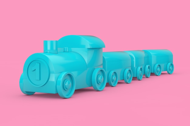 Children Toy Blue Plastic Train Mock Up Duotone on a pink background. 3d Rendering