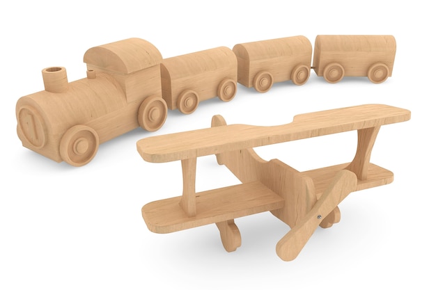 Foto i bambini giocano il treno e l'aeroplano di legno su un fondo bianco