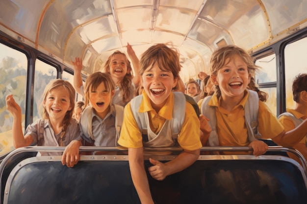 秋の森の背景に列車に乗った子どもたち 列車に乗った子どもたち 学校のバスに乗った子どもたち AI生成