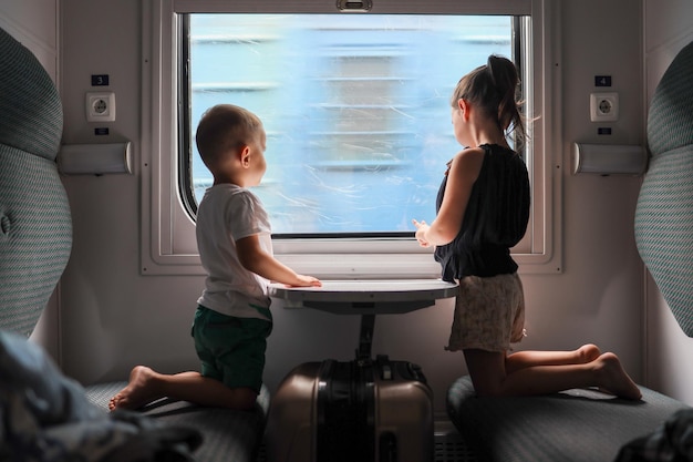 Children on the train look out the window Traveling with children