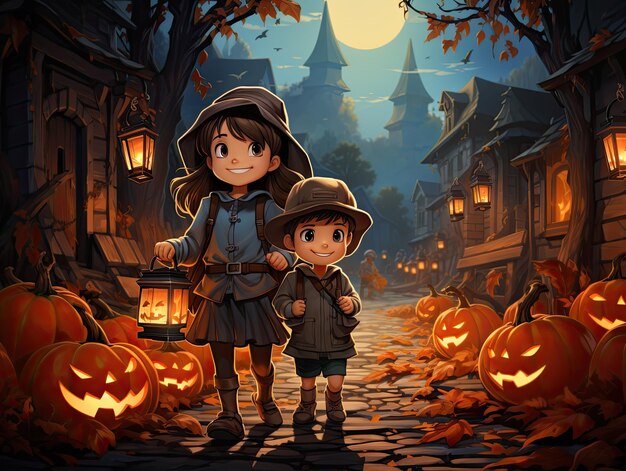 Children Trick Or Treating with JackOLantern Candy Buckets on Halloween cartoon drawing