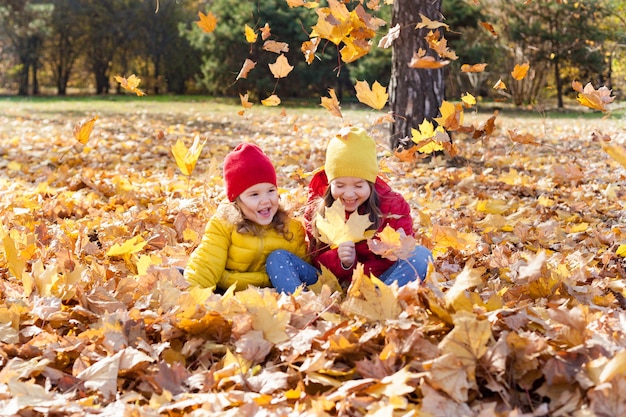 Children two cute toddler girls sisters play with yellow leaves in autumn