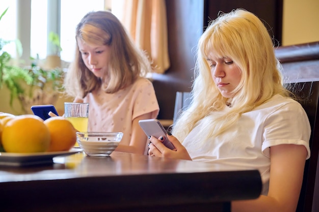 Children two girls sisters eating at home looking at smartphones