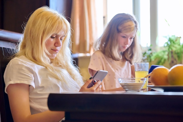 Дети две девочки-сестры едят дома, глядя на смартфоны