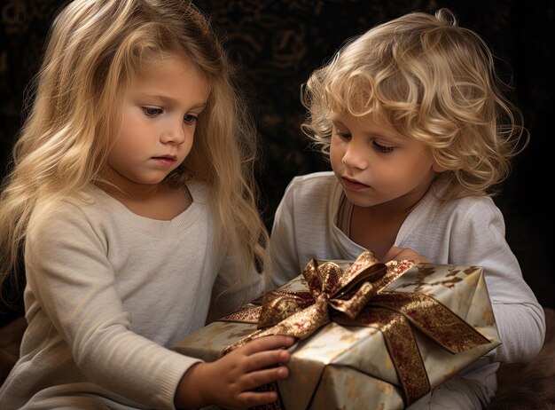 Children unpacking Christmas gift Kids opening presents during winter holidays Generated AI