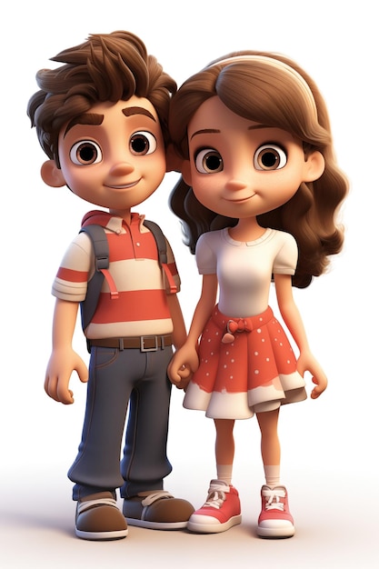 Photo children on valentines day cartoon characters boy and girl in white background