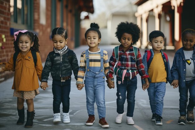 Children of various races handinhand in front of a school showcasing diversity in education AI generated