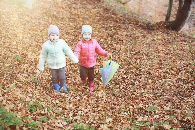 Children walk in the autumn park in the fall