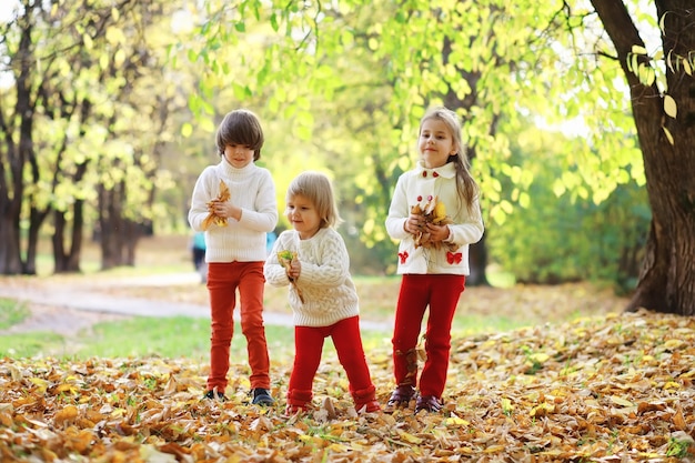 Children for a walk in the autumn park. Leaf fall in the park. Family. Fall. Happiness.