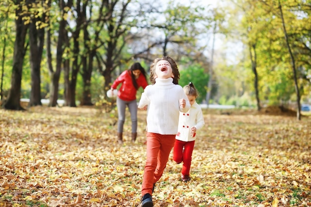 Children for a walk in the autumn park. Leaf fall in the park. Family. Fall. Happiness.