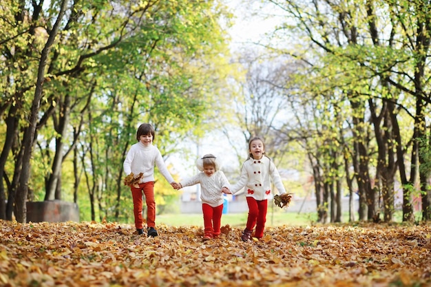 Children for a walk in the autumn park. Leaf fall in the park. Family. Fall. Happiness.