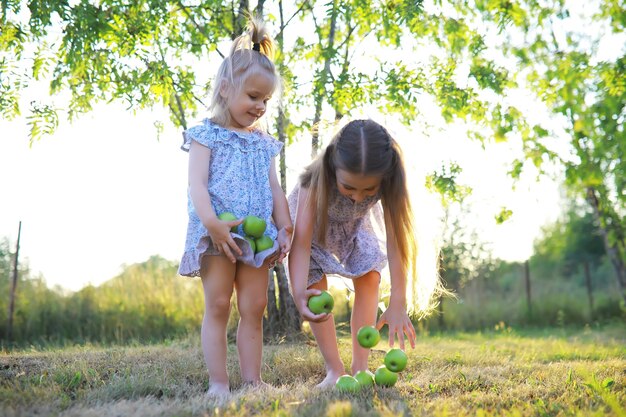 Children walk in the summer in nature Child on a sunny spring morning in the park Traveling with children