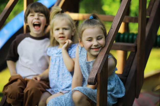 Children walk in the summer in nature Child on a sunny spring morning in the park Traveling with children