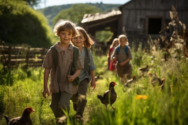 Children walking in a field with a chicken and a barn in the background.