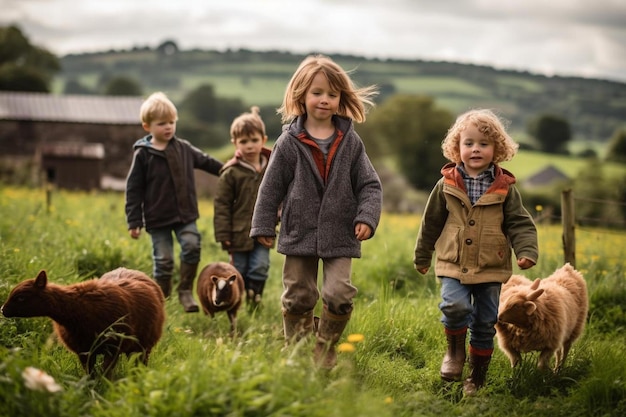 Children walking in a field with sheep and a barn in the background.