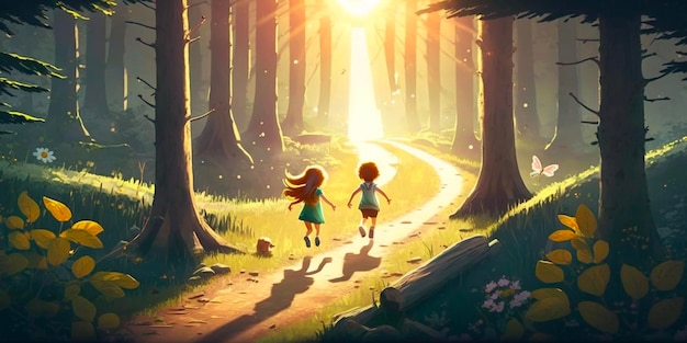 Children walking in forest cartoon illustration Generative Ai