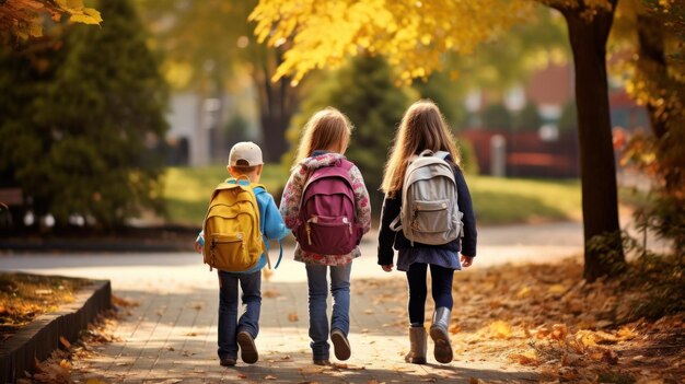 Children walking on a path carrying backpacks