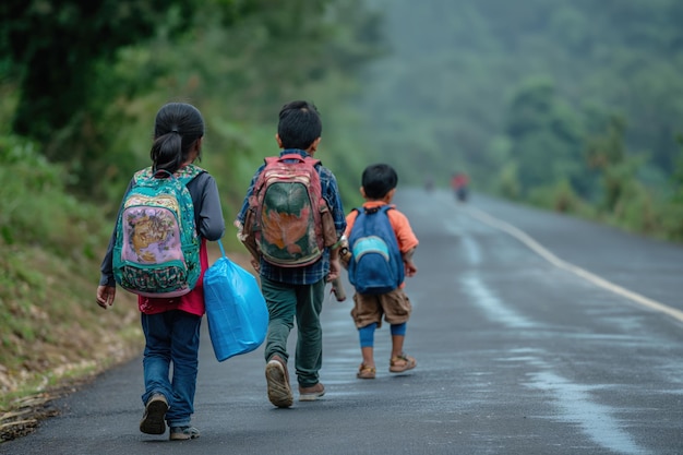 バックパックを背負って道路を歩く子供たち