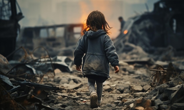 Children wander through a desolate cityscape moving away from the haunting destruction Ai generative