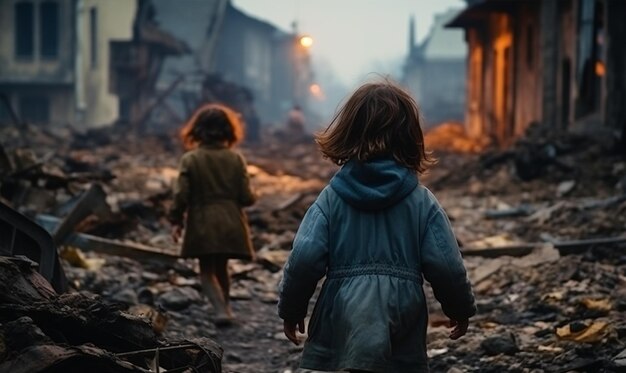 Children wander through a desolate cityscape moving away from the haunting destruction Ai generative