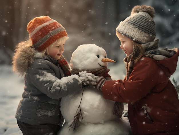 Children in warm clothes scarves and hats making snowman together in winter