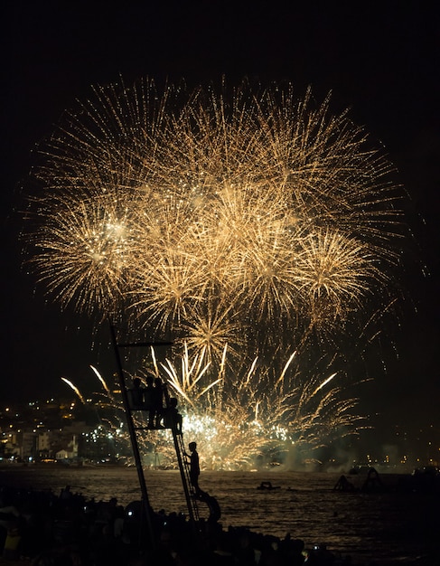 Foto bambini che guardano i fuochi d'artificio sulla spiaggia