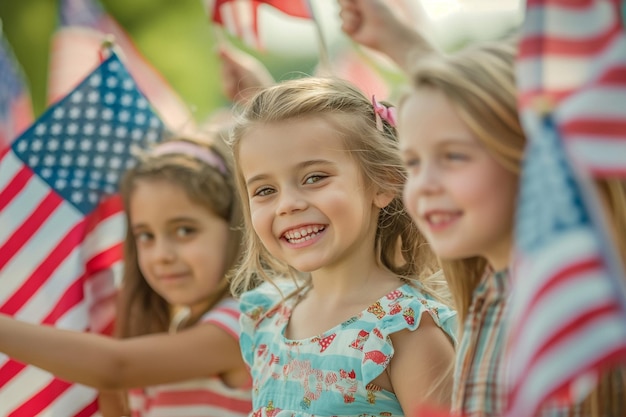 Children Waving American Flags Happily Memorial Day