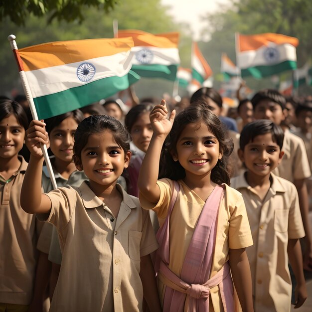 Children waving the Indian flag