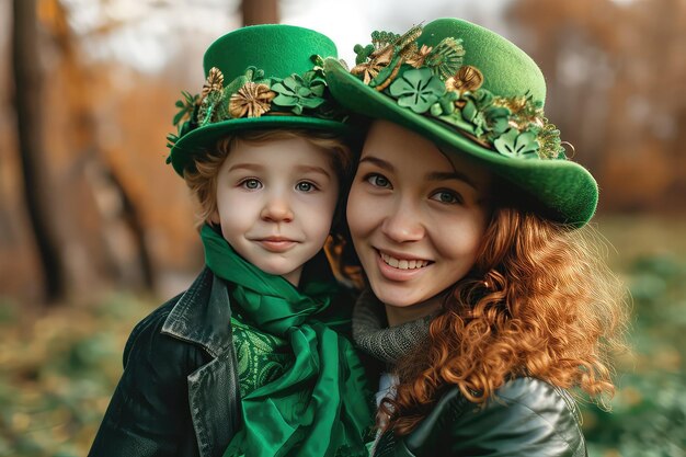 The children wear a green leprechaun hat and a beard and a clover leaf