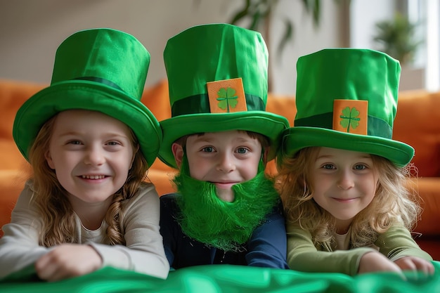 The children wear a green leprechaun hat and a beard and a clover leaf