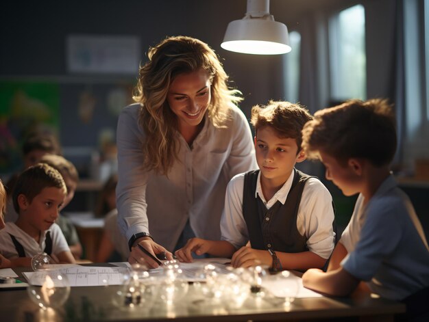 children wearing lab coats in chemistry class while enjoying science experiments