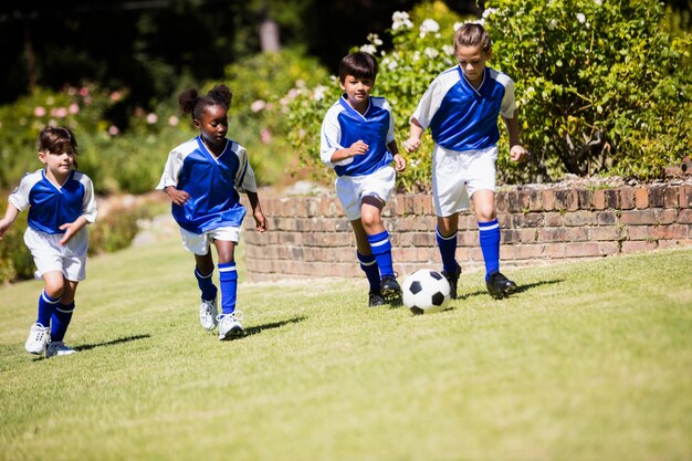 Children wearing soccer uniform playing a match