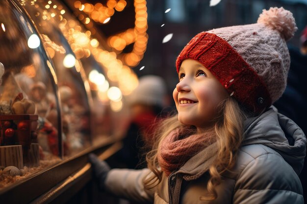 写真 伝統的なクリスマスマーケットでウィンドウショッピングする子供たち