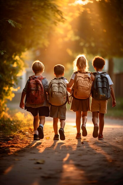 Children with backpacks go to school Generative AI Kids