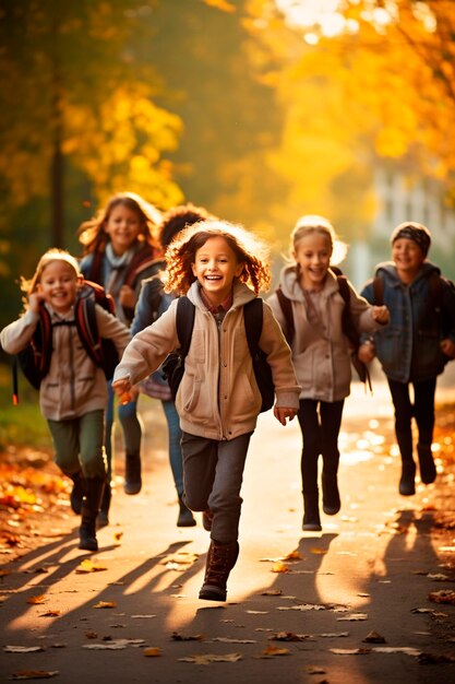 Foto i bambini con gli zaini vanno a scuola generative ai kids