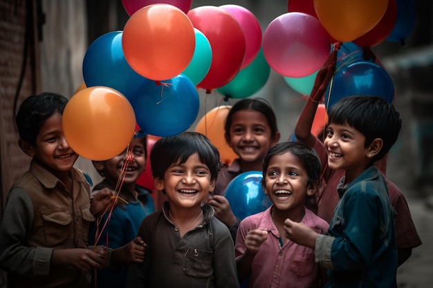 Children with balloons in the street