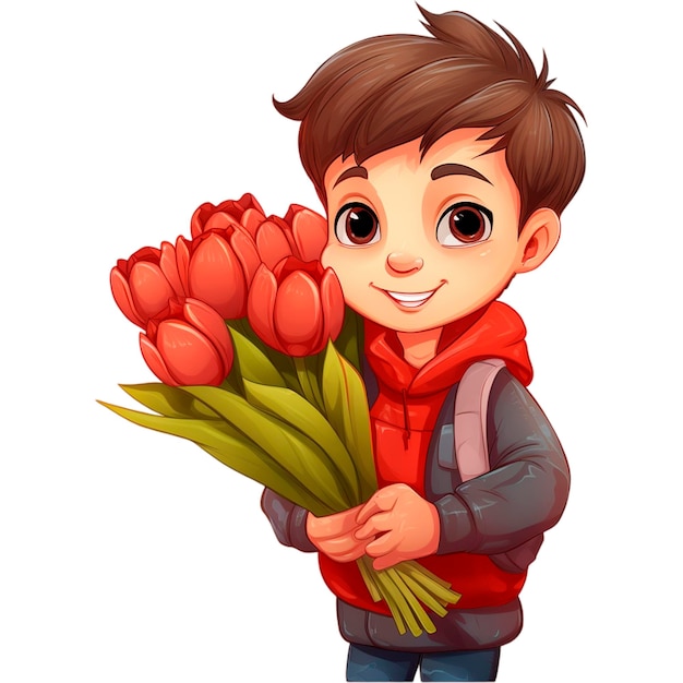 Children with a bouquet of red tulips smiling schoolchildren